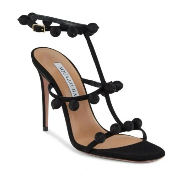 Aquazzura Black Pom Pom Sandals - Picture 1 of 11